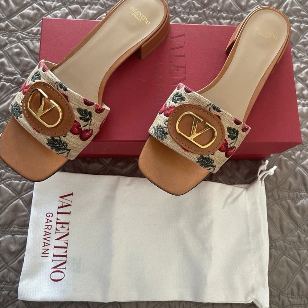 Valentino Garavani Tan Leather Slide Sandals with Floral Embroidered Strap